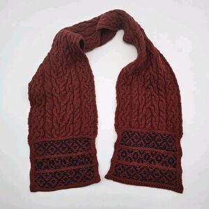 Aran Crafts Scarf Wool Orange Red Rust Navy Blue Cable Knit Rectangle Boho
